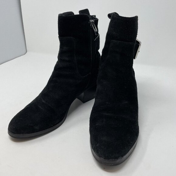 Via Spiga Womens 9M Boots Bootie Black Leather Suede Buckle Block Heel Zipper - Picture 7 of 11